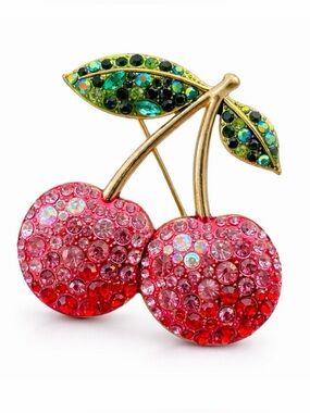 Crystal Cherry Brooch - Red and Green Sparkle